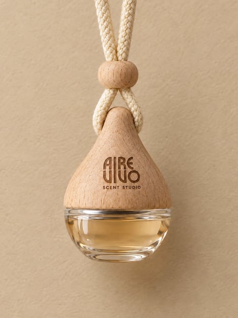 Aromatizante para auto en México — colgante de Aire Vivo: frasco de vidrio con líquido ámbar y tapa de madera grabada con el logotipo, colgado de un cordón trenzado color crema