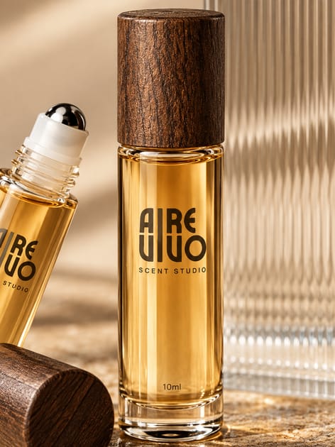 Roll-on de aroma en México — roll-on de Aire Vivo de 10 ml: frasco de vidrio con líquido ámbar, logotipo impreso y tapa de nogal, junto a otro abierto con bola de acero